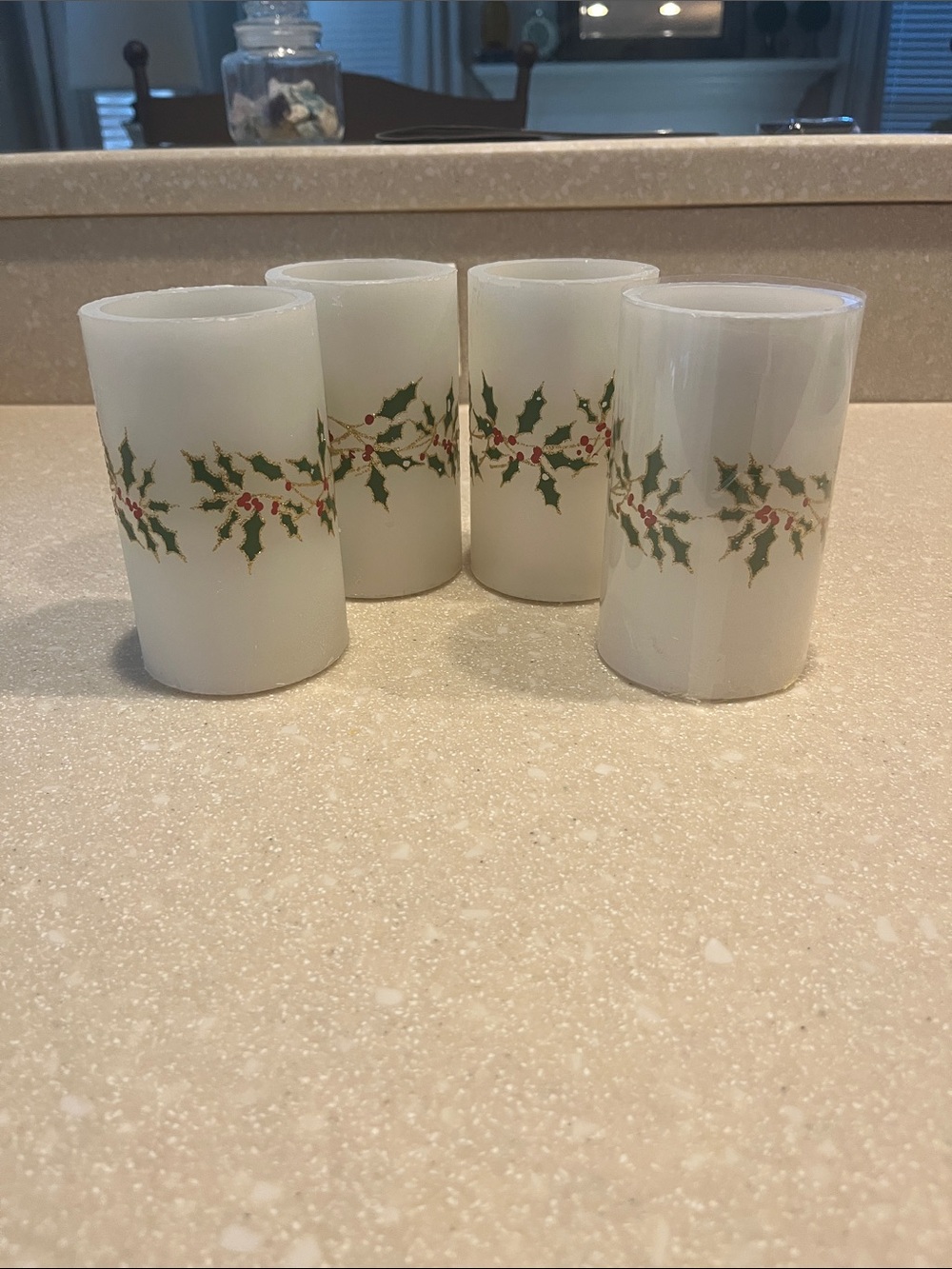 NWOB Set of 4 Holiday Pillar Candle Set - 5” high and 3” dia. Timer function